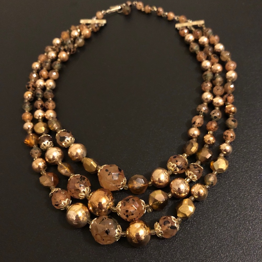 Triple-Strand Gold and Brown Bead Necklace